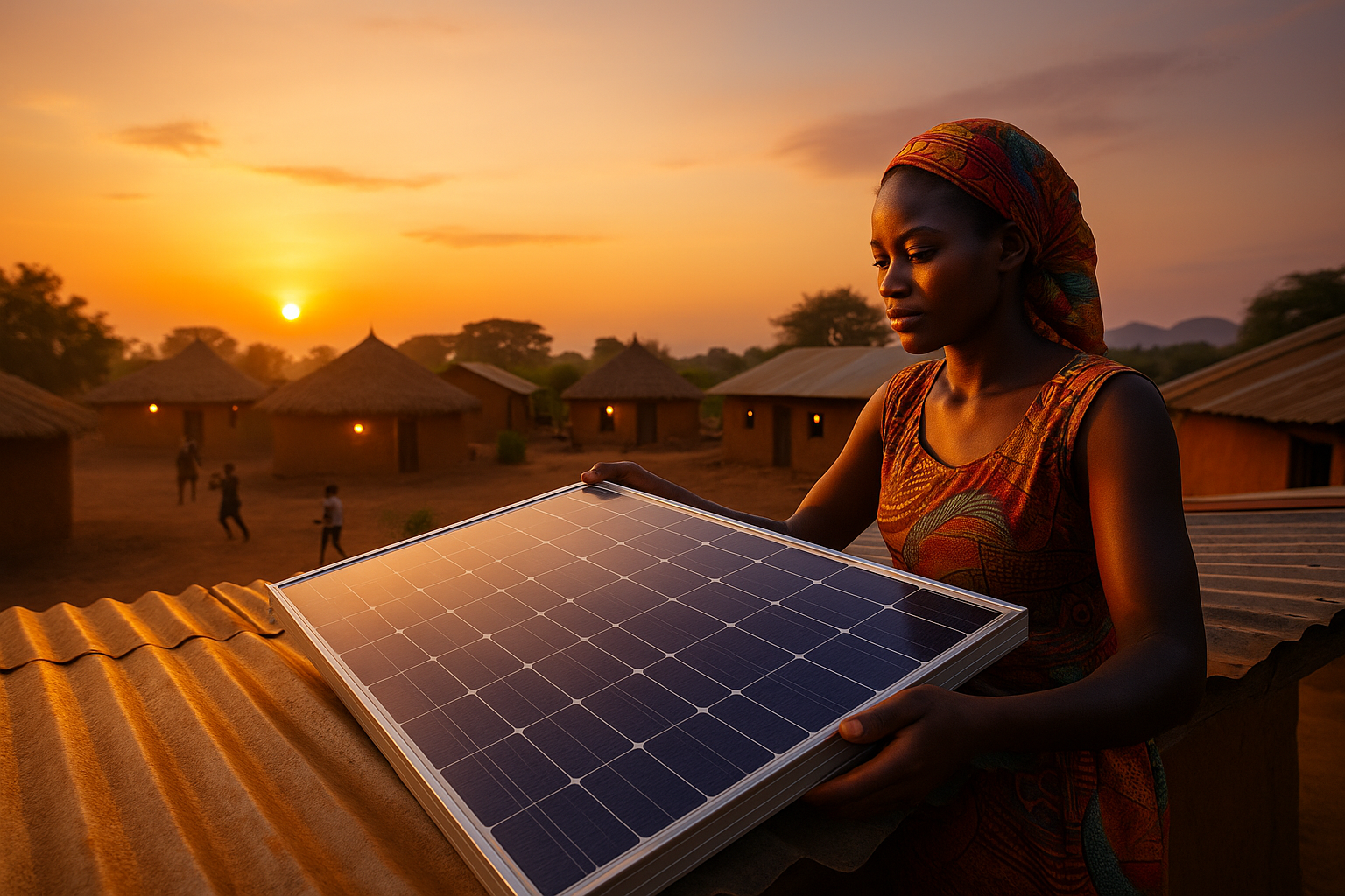 African woman installing solar panel at sunset